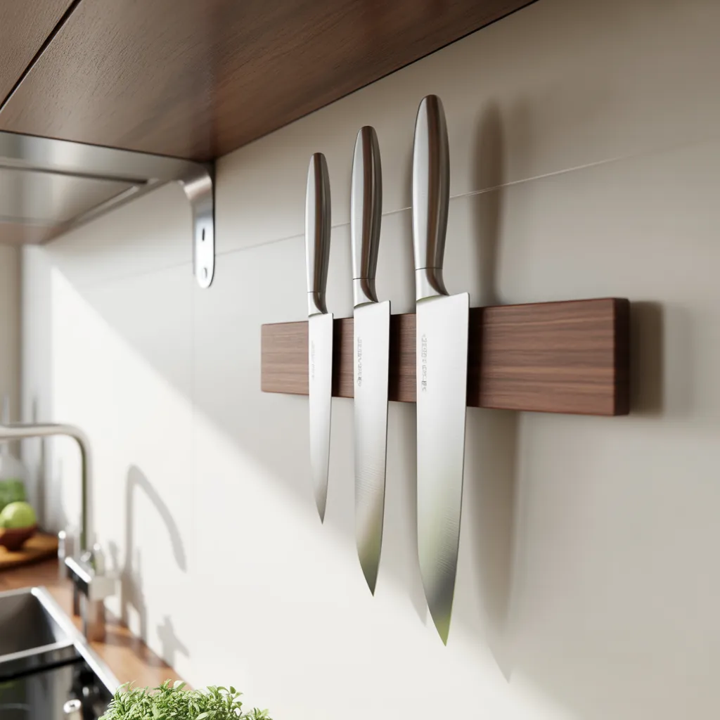 minimalist magnetic knife strip walnut wood kitchen wall