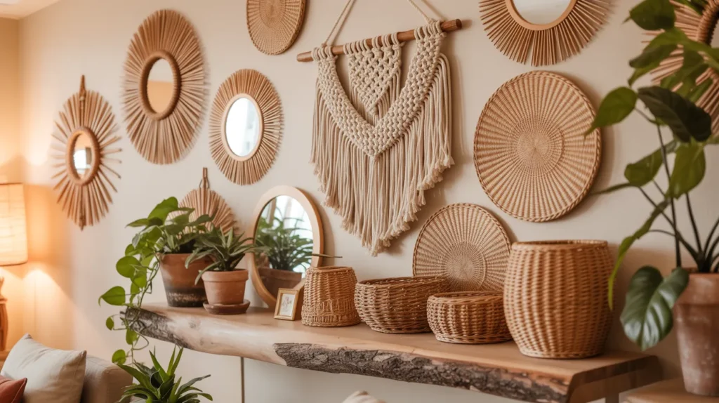 Creative bohemian wall decor ideas for homes with macramé and rattan mirrors