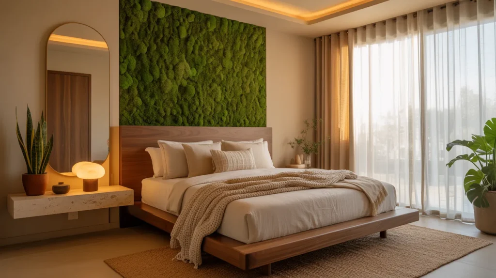 Modern bedroom interior trends 2026 with moss wall biophilic design and warm lighting