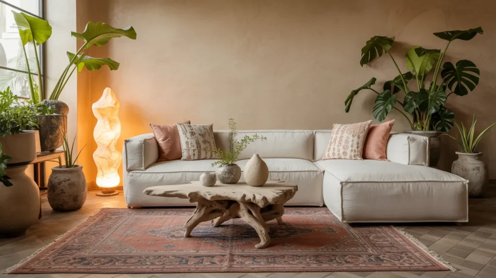 Luxury bohemian living room with alabaster lamp, layered Persian rugs, linen sofa, monstera plants and driftwood coffee table in golden hour light