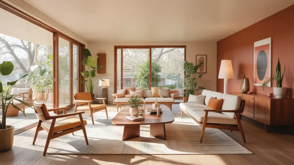 Mid century modern living room with teak wood furniture, terracotta tones, indoor plants, and natural light aesthetic