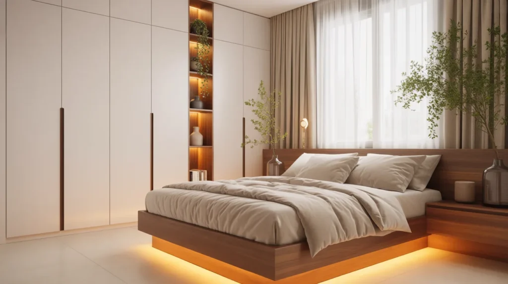 19 space-saving bedroom ideas for small rooms with floating bed and warm neutral decor