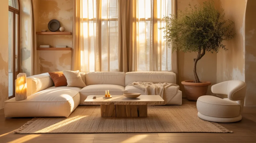 Warm minimalist living room with linen sofa olive tree and alabaster lamp 🌿