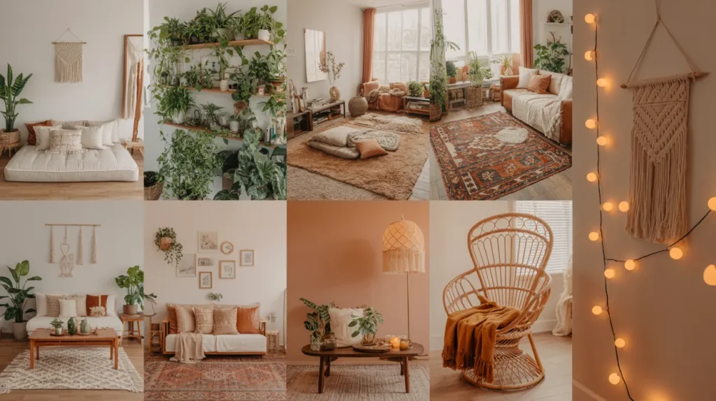 6 cozy bohemian living room ideas to copy — earthy boho decor collage