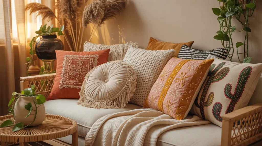 Boho sofa with colorful pillows, cozy blanket, pampas grass, and indoor plants in warm sunlight.