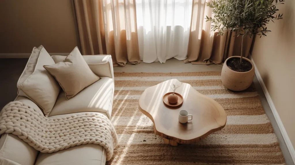 Cozy minimalist living room with warm neutral tones, live-edge coffee table, linen sofa, and indoor olive tree