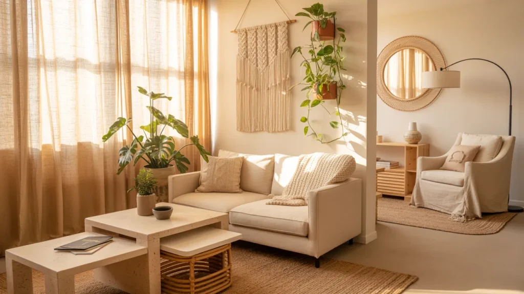 Small cozy apartment living room with neutral tones, nesting coffee tables, macramé plant wall, and reading nook