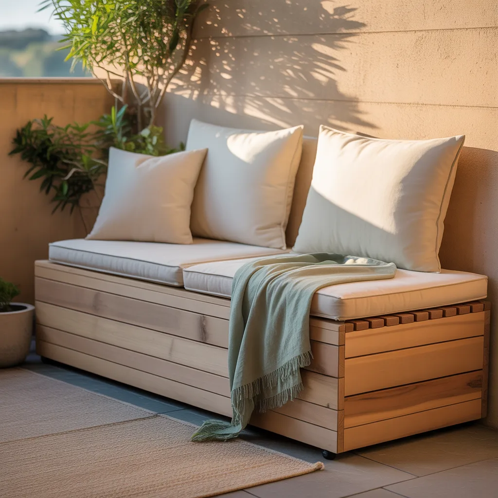 Wooden bench with hidden storage for small outdoor patio
