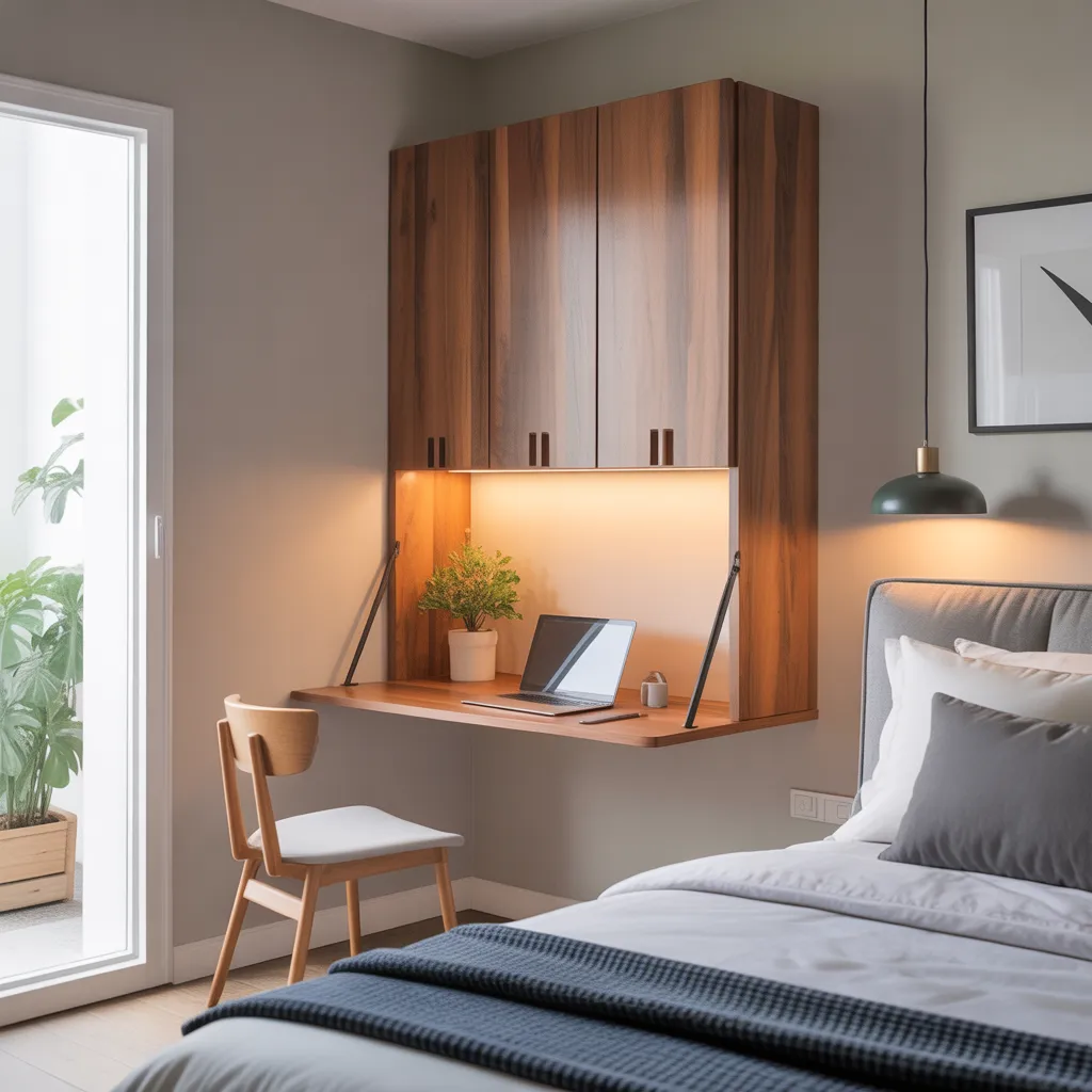 fold down murphy wall desk in bedroom with laptop and pendant light