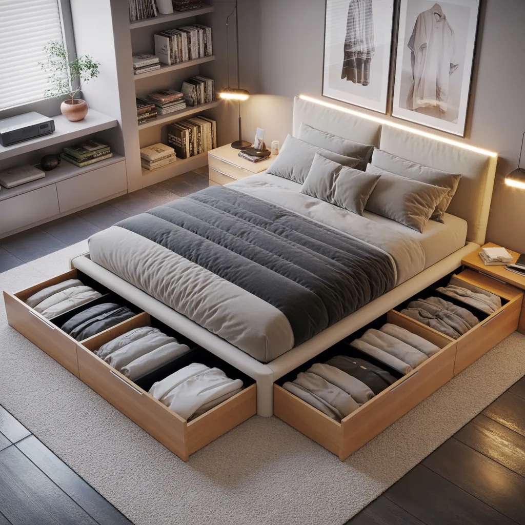 platform bed with built-in pull-out storage drawers in small organized bedroom