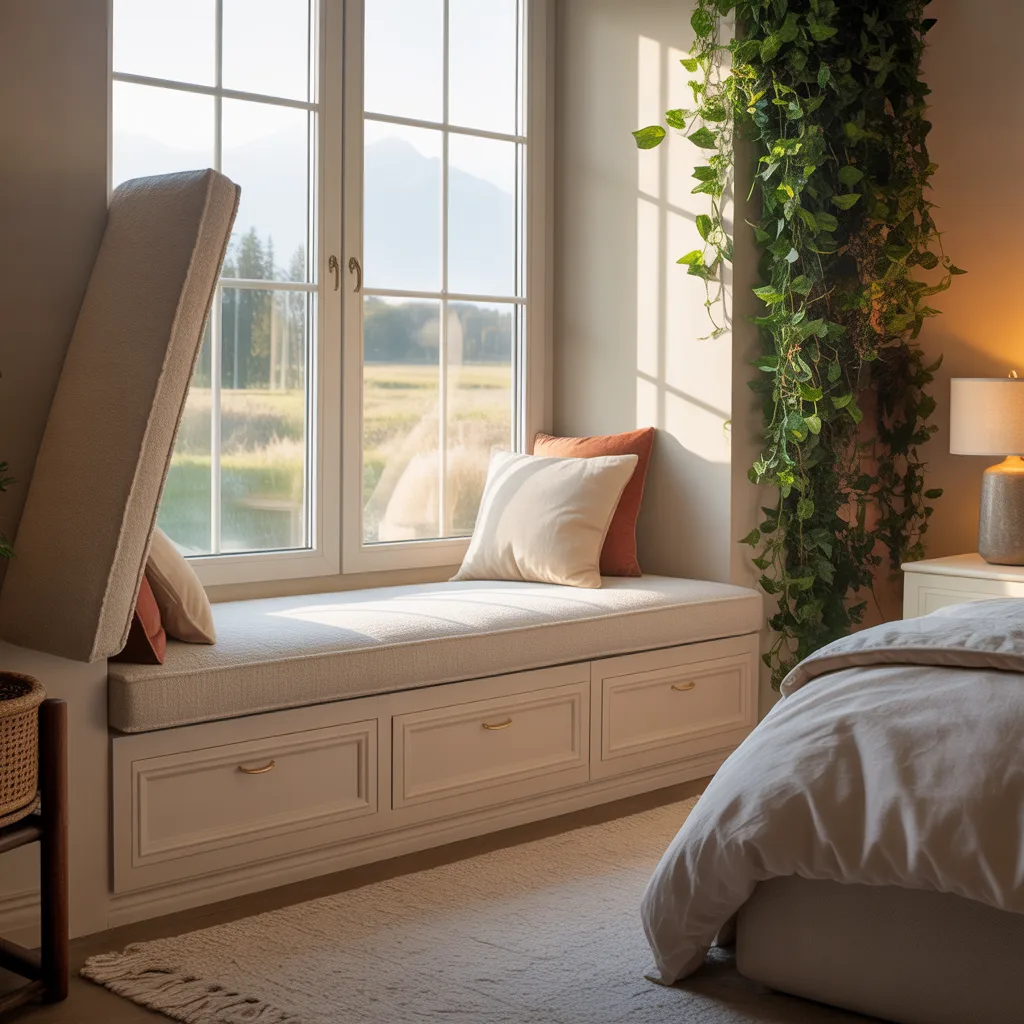 built-in window seat with hidden storage and boucle upholstery in small bedroom