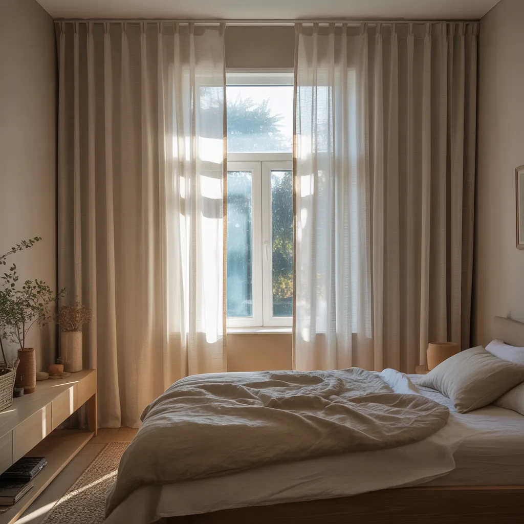 floor to ceiling linen curtains hung above window frame in small cozy bedroom