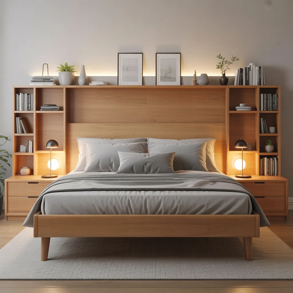 solid oak headboard with built-in side shelving in minimalist small bedroom