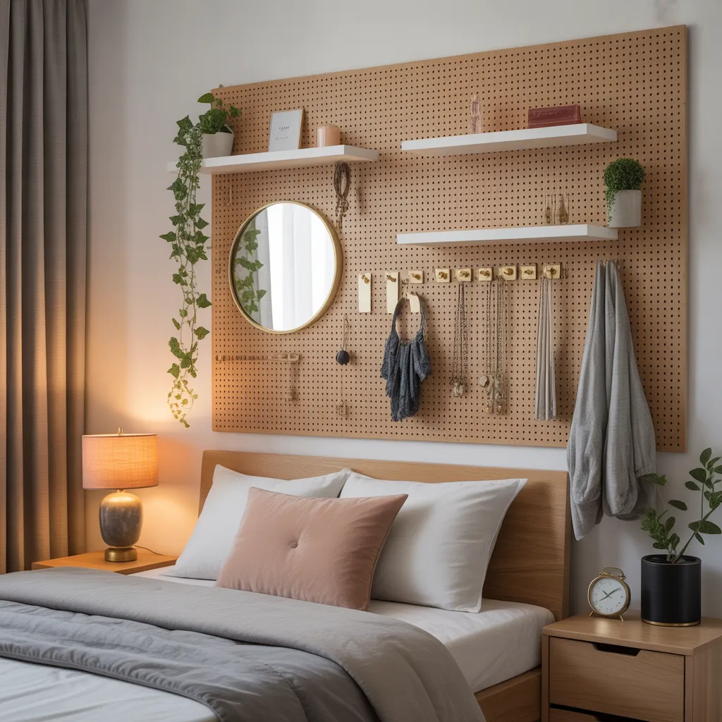wooden pegboard wall with brass hooks plants and jewelry in small bedroom