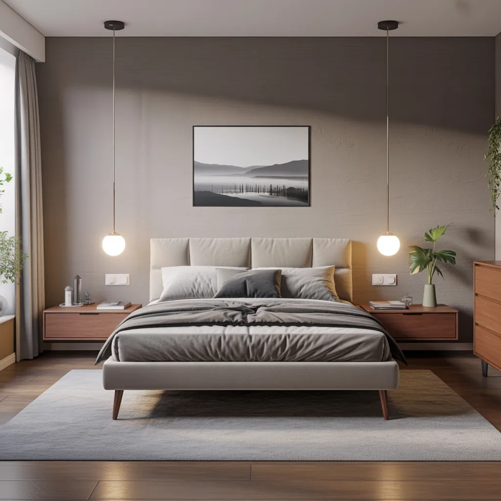 small bedroom with bed dresser and nightstands on slim tapered wooden legs