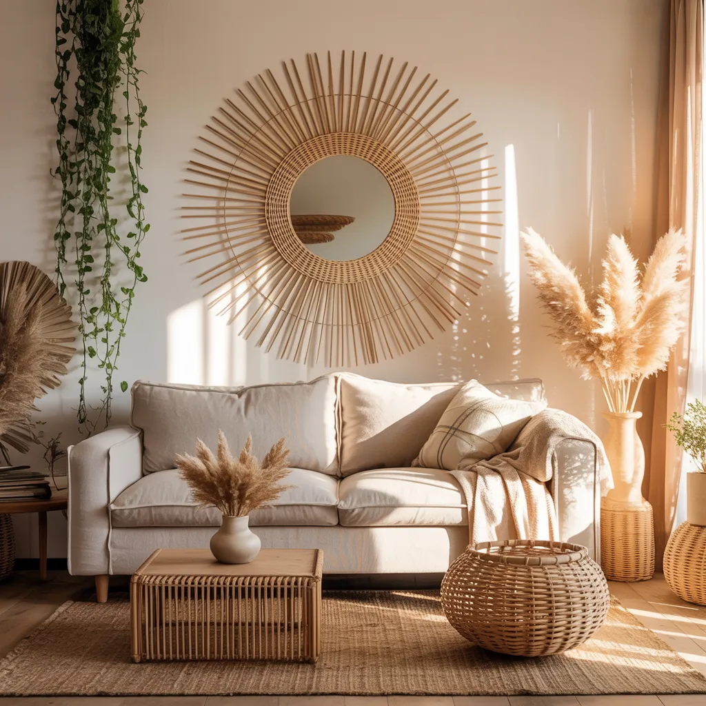 Oversized rattan sunburst mirror above beige sofa in boho living room