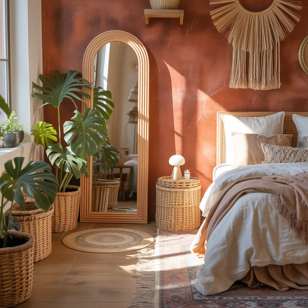 Tall arched wooden floor mirror leaning against terracotta wall in boho bedroom