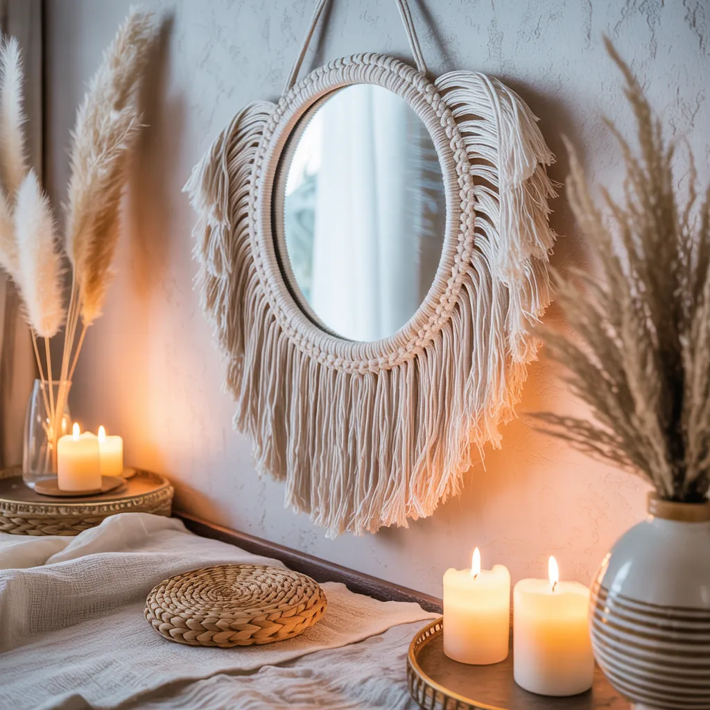 Handmade macrame fringed hanging mirror on white wall with pampas grass