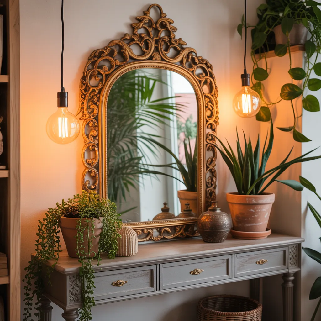 Vintage ornate gold mirror in cozy bohemian entryway with warm lighting