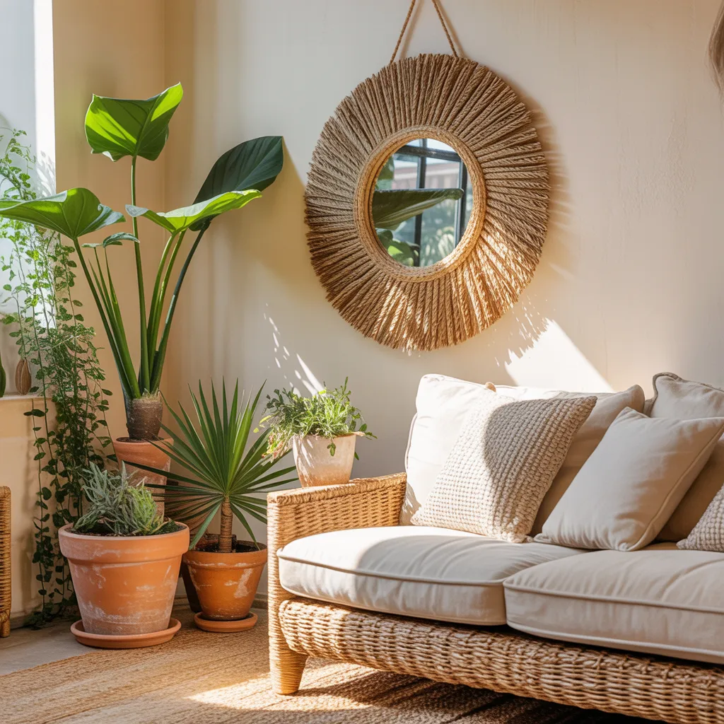 Round bamboo wall mirror in neutral boho living room with indoor plants