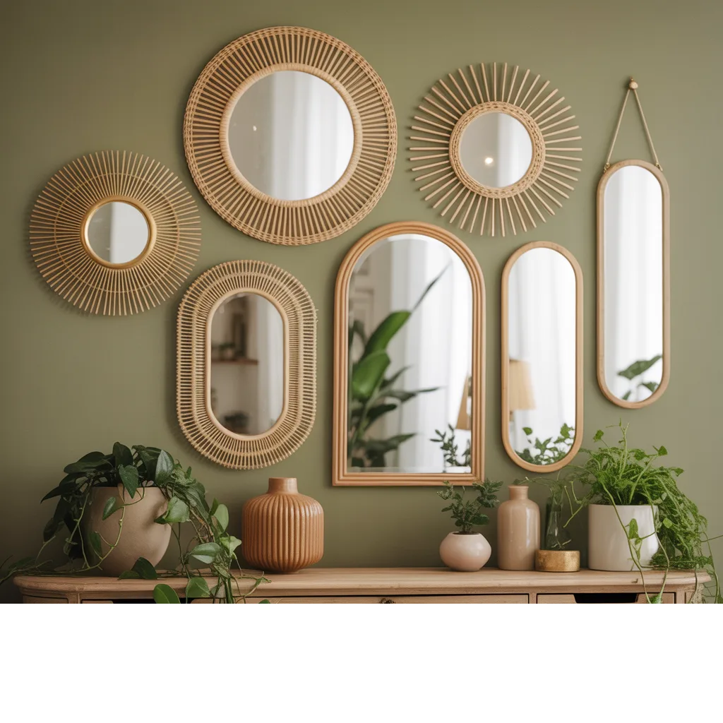 Bohemian mirror gallery wall with mixed shapes above vintage console table