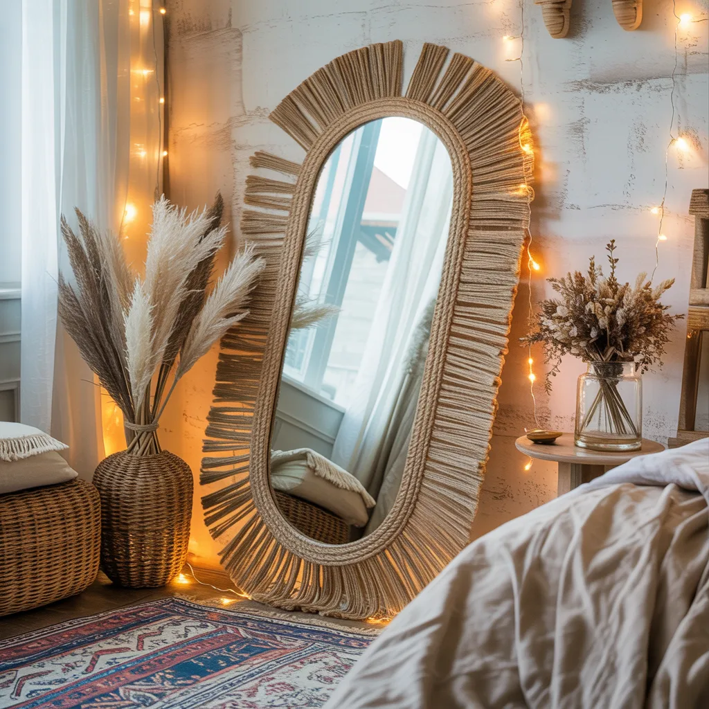 Full-length leaning boho mirror with jute tassel trim in cozy bedroom