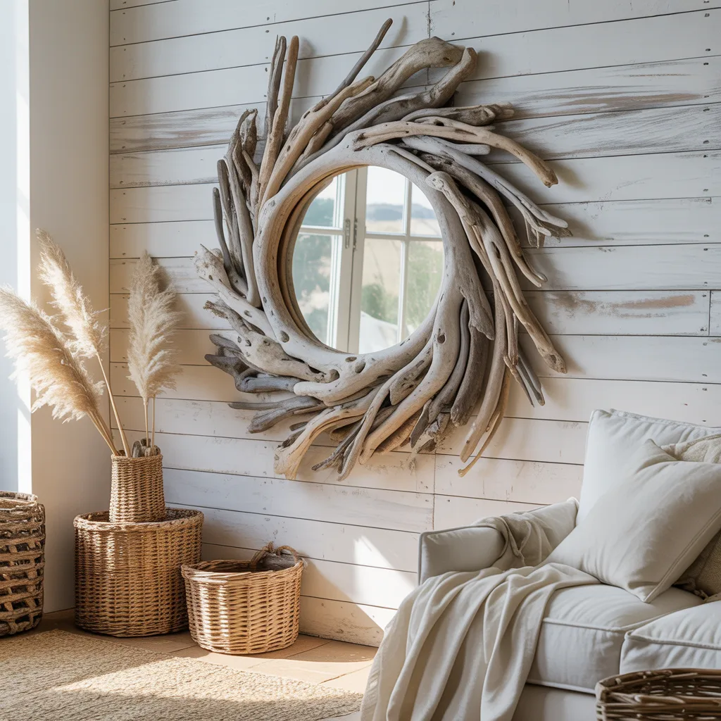Rustic driftwood mirror on whitewashed wall in coastal boho living room