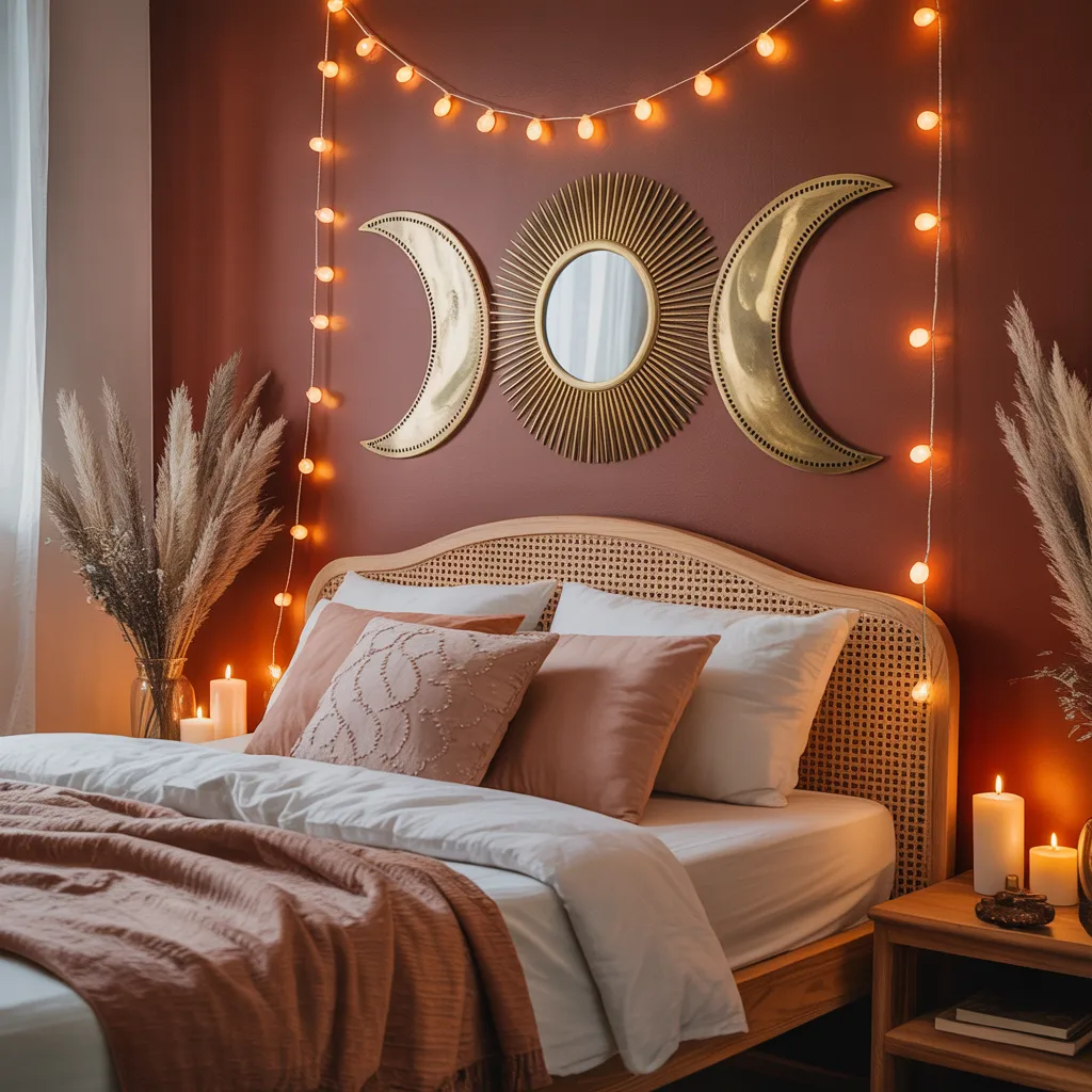 Moon phase celestial mirror set on deep terracotta wall with candles