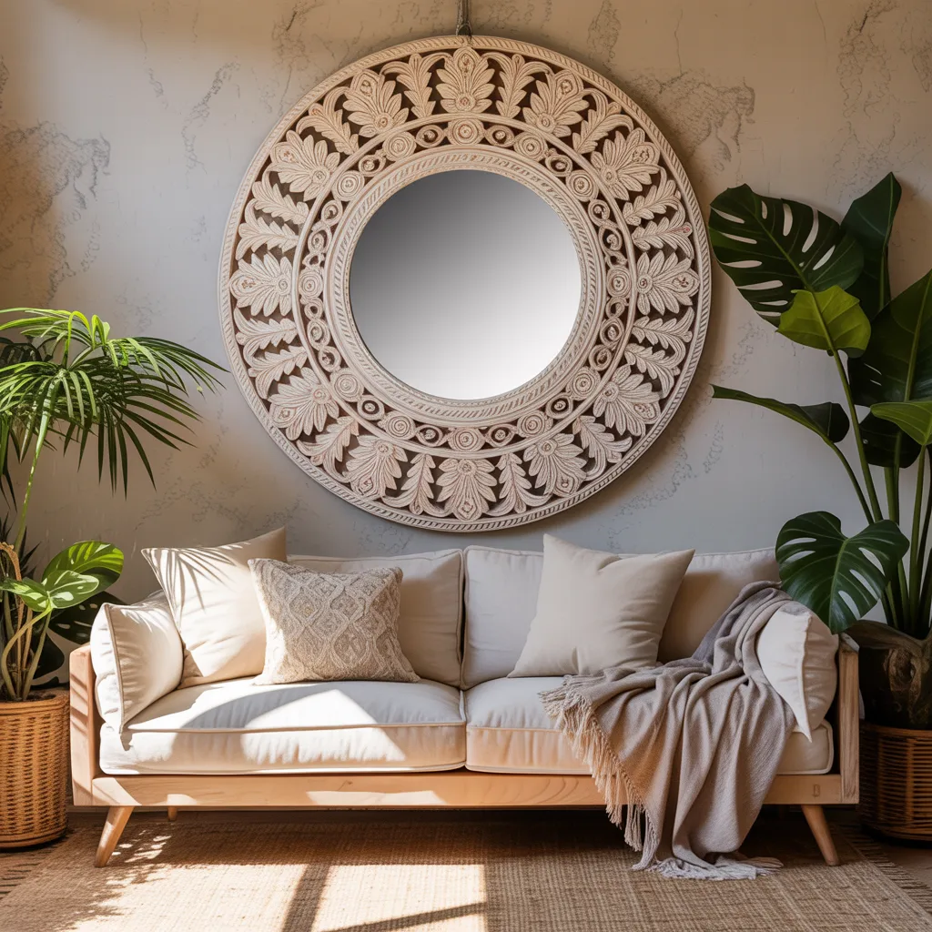 Carved wooden mandala mirror above low boho sofa with indoor plants