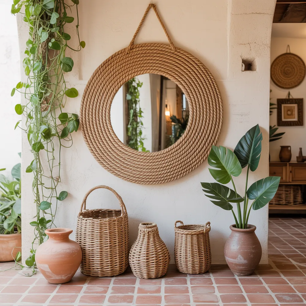 Woven jute rope border mirror in boho entryway with terracotta tiles