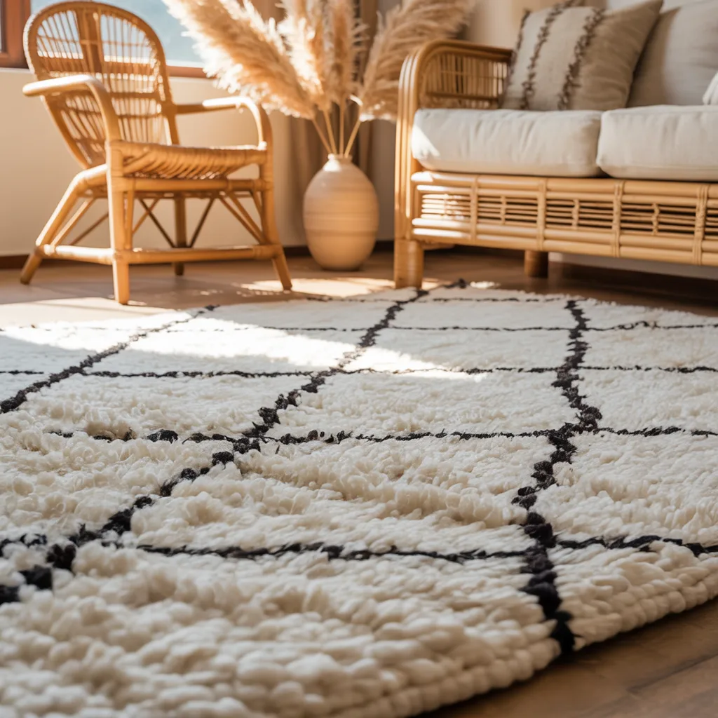 Moroccan Beni Ourain wool rug in cozy bohemian living room with rattan furniture