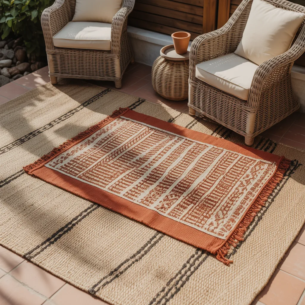 Layered outdoor rugs on small patio for cozy zone definition
