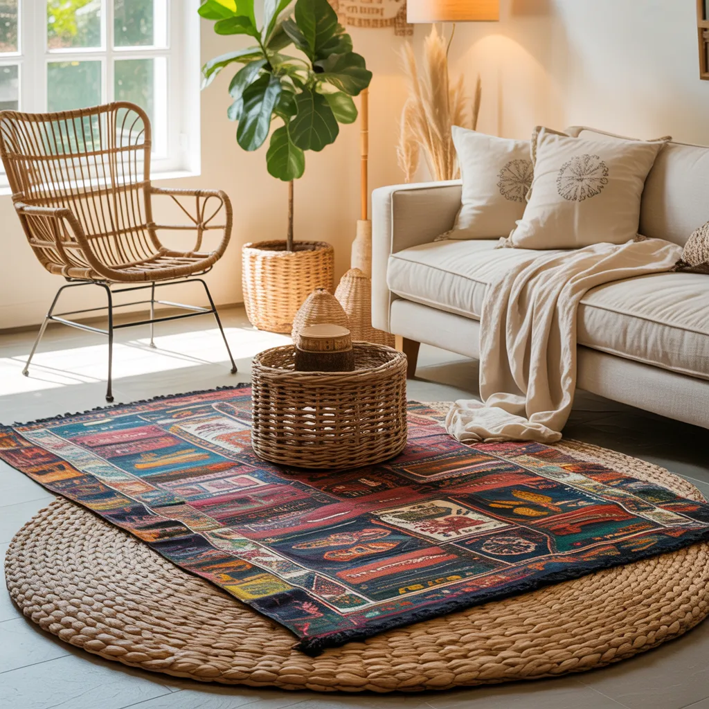 Layered natural jute and vintage kilim rug styling in bright boho living room