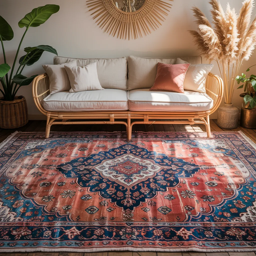 Distressed vintage Persian boho rug in faded terracotta tones in cozy living space
