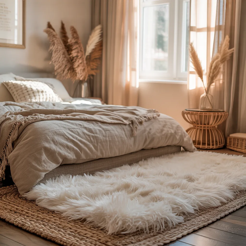 Soft ivory shaggy plush boho rug beside low platform bed in cozy bedroom