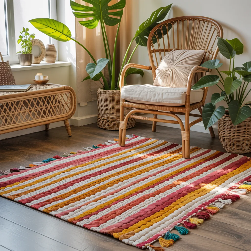 Eco-friendly recycled cotton Chindi rug in warm terracotta tones in boho reading nook
