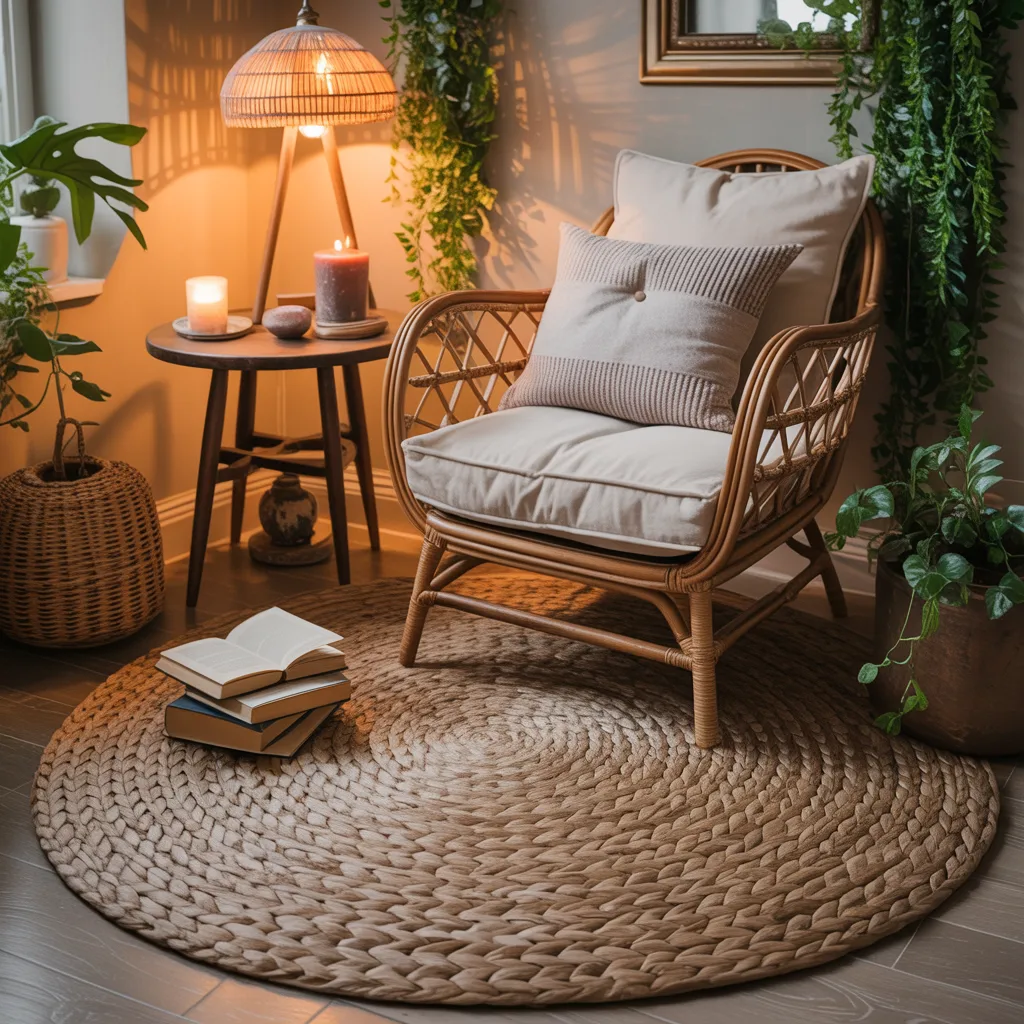 Round braided seagrass boho rug under rattan armchair in cozy reading corner