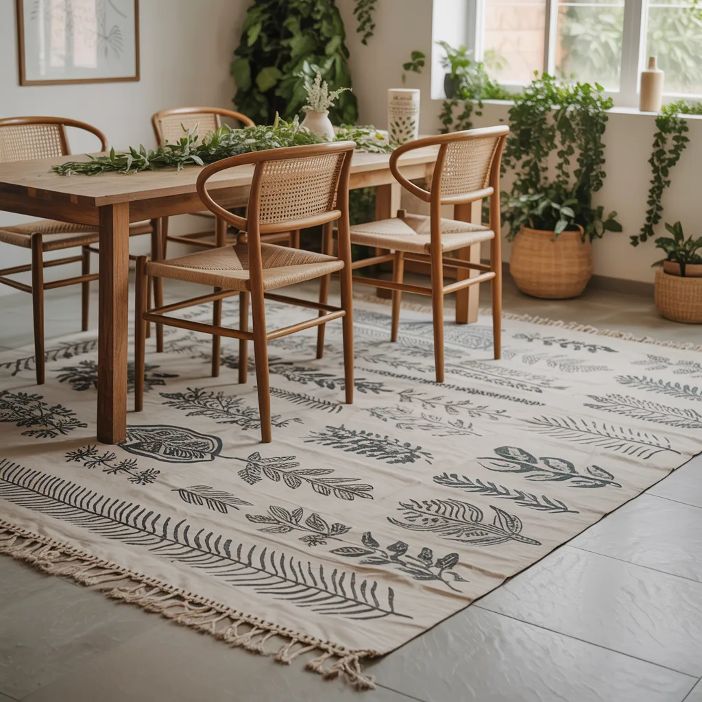 Hand-block printed cotton canvas boho rug with botanical patterns in bohemian dining room