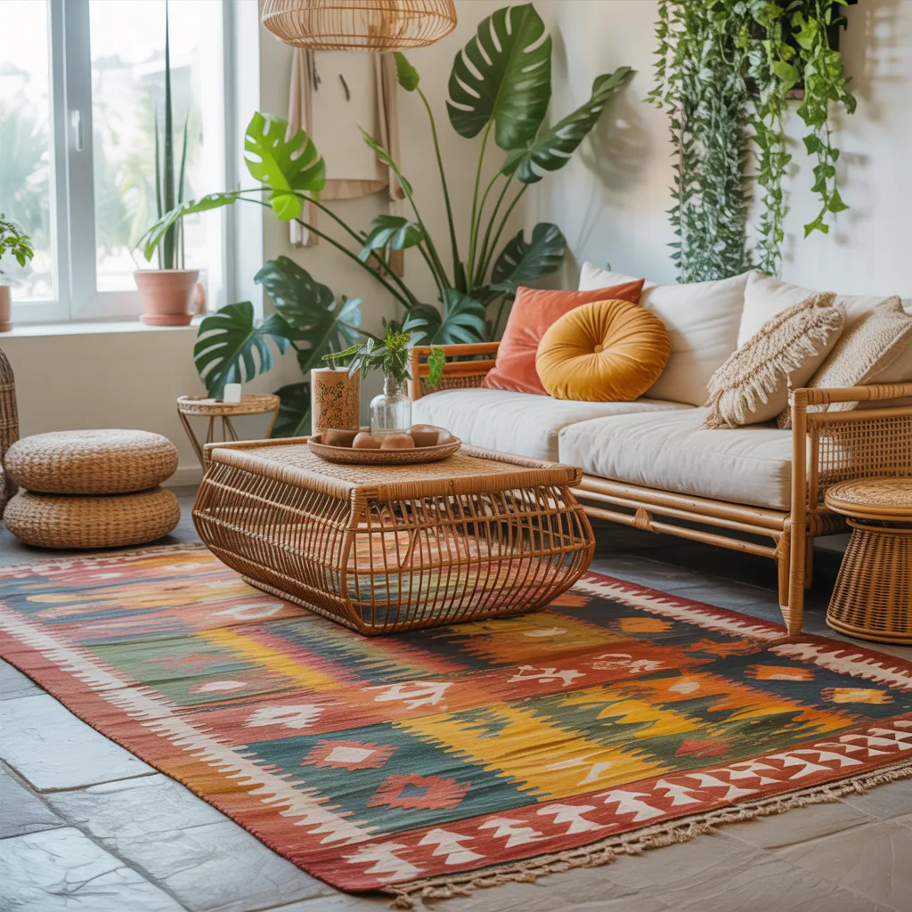 Colorful kilim flatweave bohemian rug under rattan coffee table with woven poufs