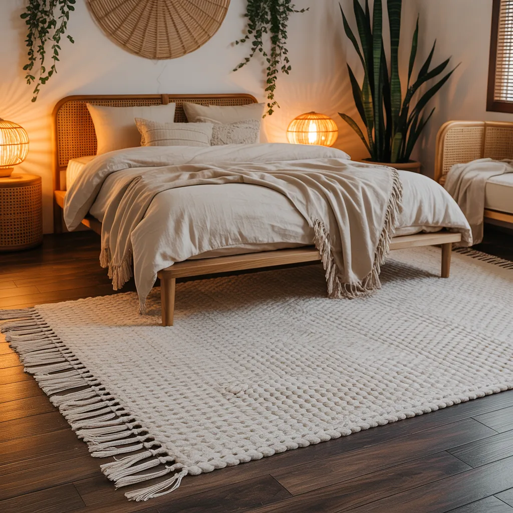 Neutral fringe chenille boho rug in cream tones beside cozy bohemian bedroom bed