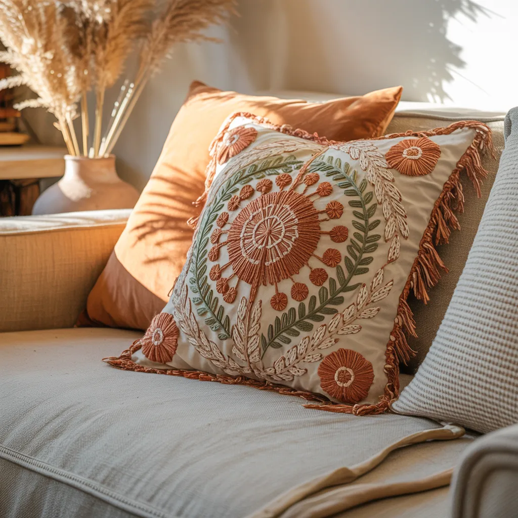 Hand-embroidered organic cotton boho pillow 
with terracotta and sage green floral patterns 
on linen sofa -- cute bohemian pillow ideas
