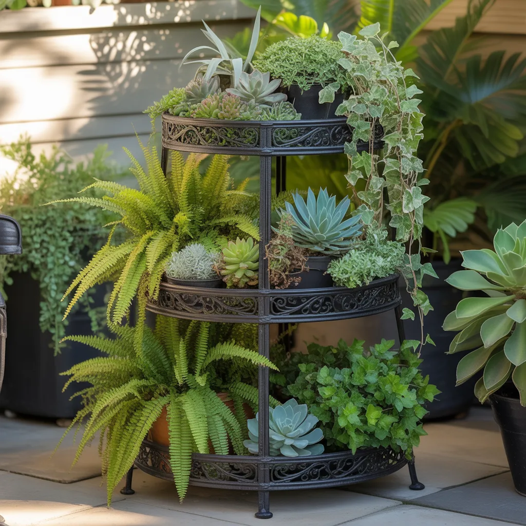 Tiered plant stand with multiple plants for small balcony
