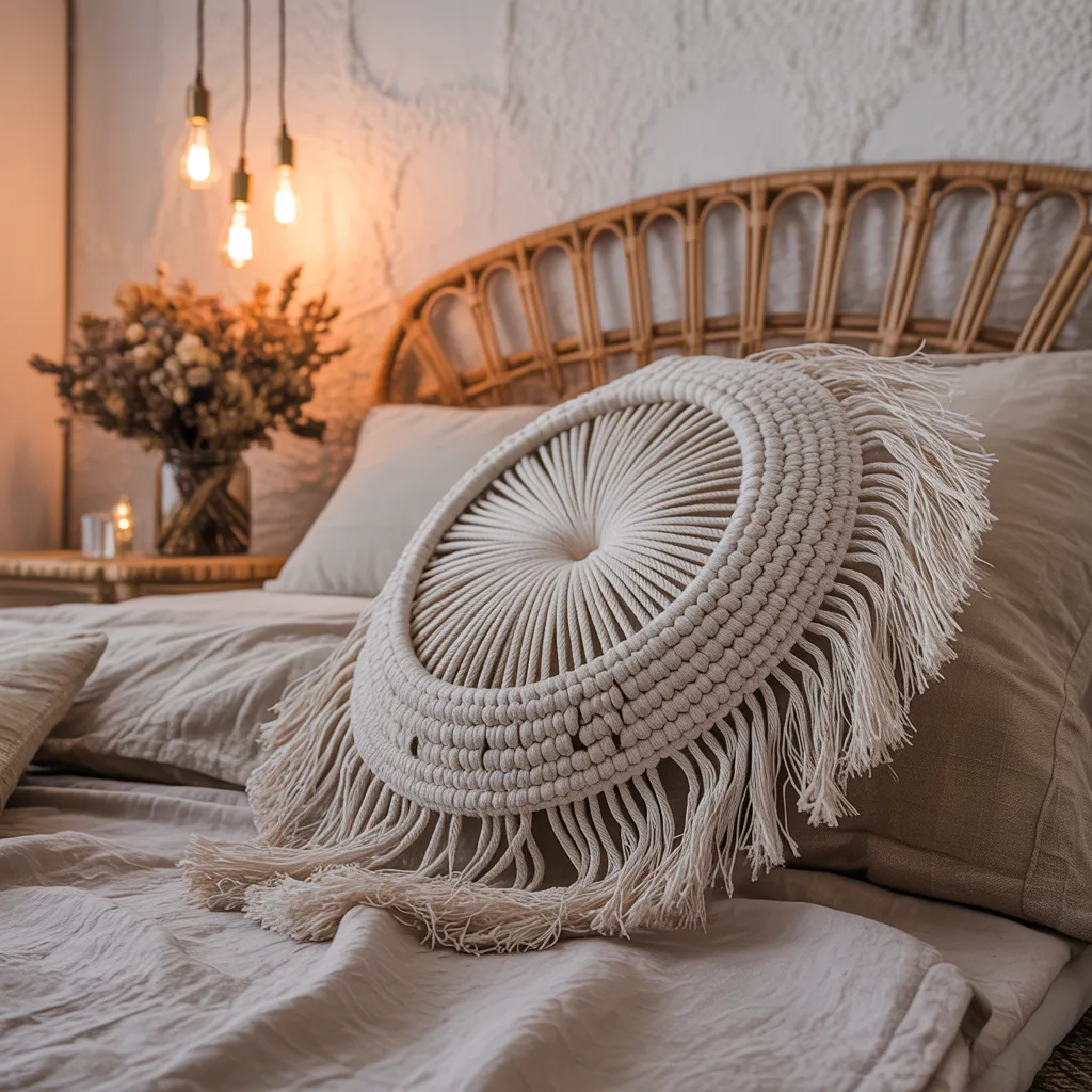 Round macrame fringe accent pillow with ivory 
hand-knotted cotton rope on boho bedroom bed 
-- cute bohemian pillow ideas for cozy spaces