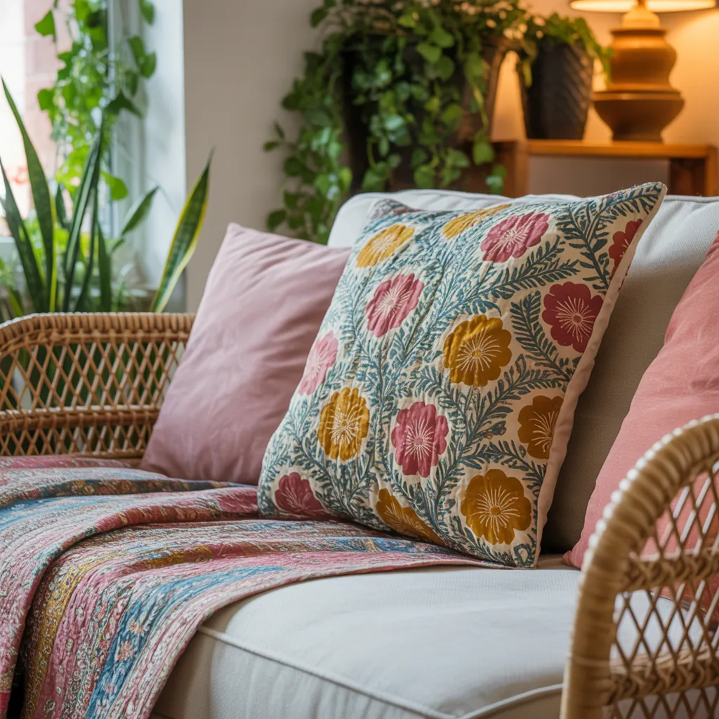 Vintage Indian Kantha quilt pillow cover in 
faded pink mustard and indigo on bohemian sofa 
-- cute boho pillow ideas cozy spaces