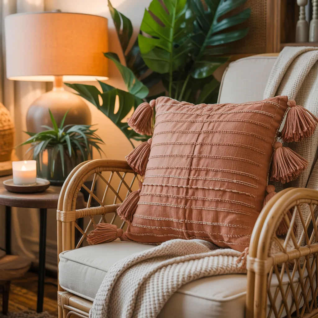 Tasseled natural linen throw pillow in oatmeal 
terracotta tones on rattan reading chair 
-- tasseled boho linen pillow cozy spaces