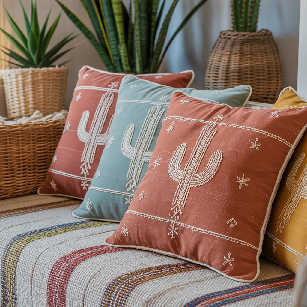 Moroccan Sabra cactus silk pillows in terracotta 
dusty blue and mustard on layered boho sofa 
-- Moroccan cactus silk boho pillow ideas

