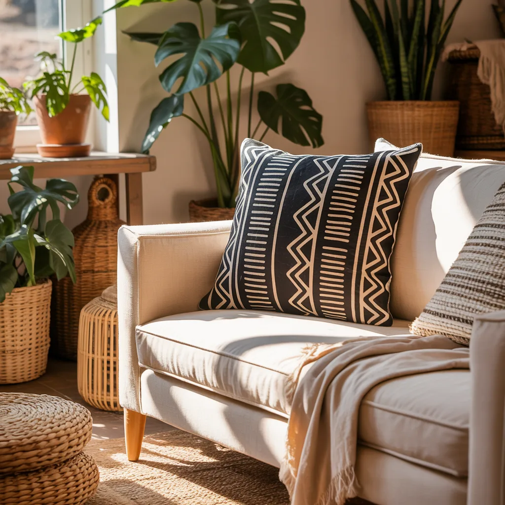 Bold black and cream mudcloth geometric print 
pillow on cream linen sofa bohemian decor 
-- mudcloth boho pillow cozy home