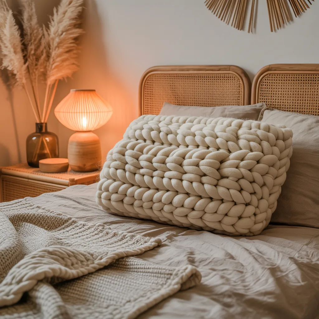 Chunky hand-knit natural wool cable knit pillow 
in cream oatmeal tones on platform bed 
-- chunky knit boho pillow cozy spaces