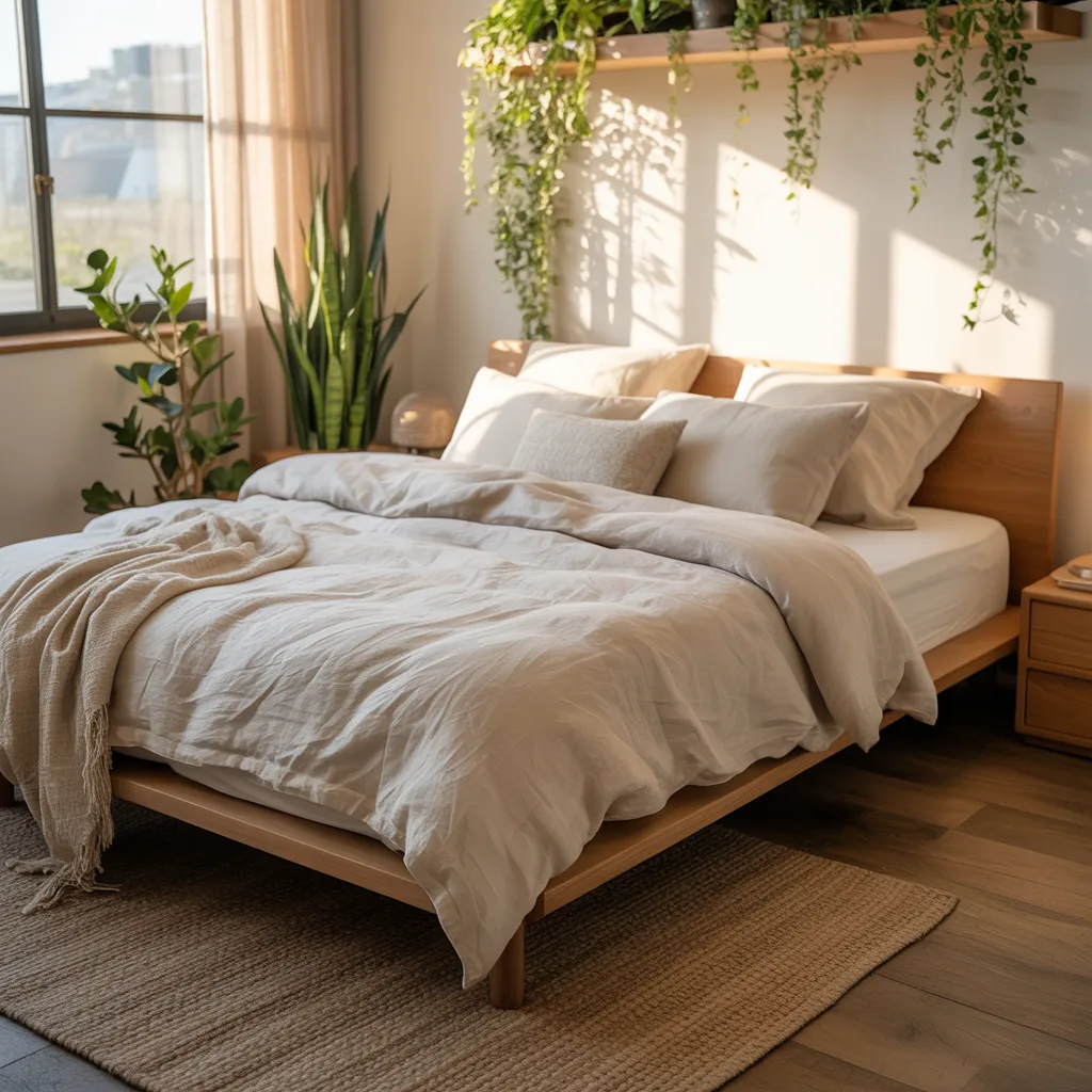 peaceful bohemian bed with layered organic flax linen bedding in cream and oat tones