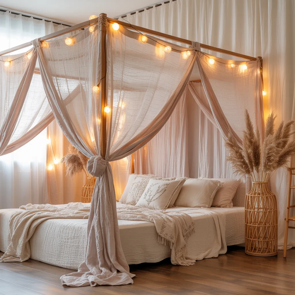 dreamy bohemian canopy bed with flowing sheer white curtains and warm fairy lights
